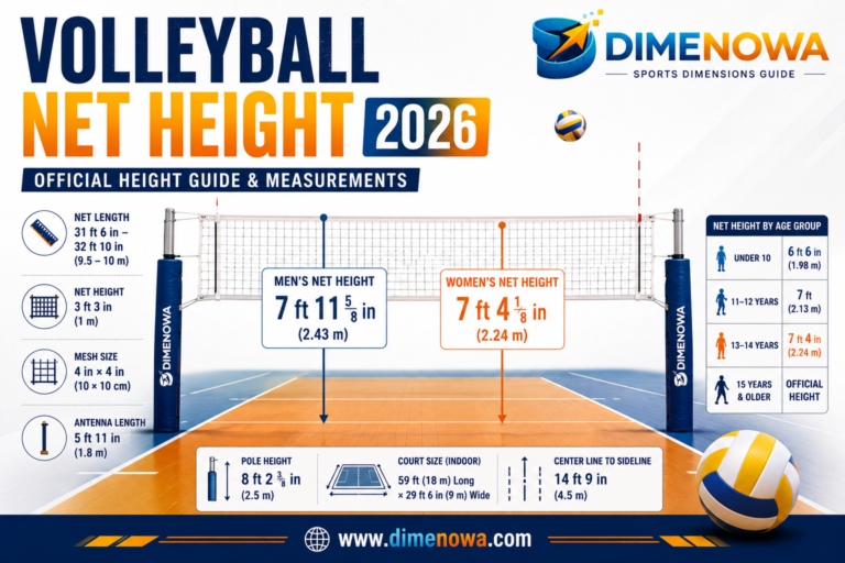 Volleyball Net Height 2026 infographic showing official men's and women's net heights, court measurements, and pole dimensions